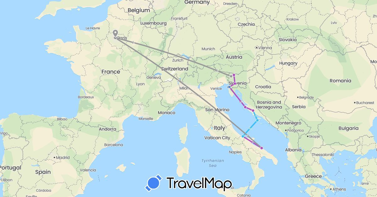 TravelMap itinerary: driving, plane, cycling, train, boat in France, Croatia, Italy, Slovenia (Europe)